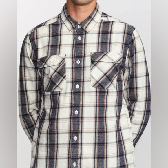 RVCA That’ll Work Flannel Oversized Long Sleeve Shirt in Blue and White Size S - Picture 5 of 15